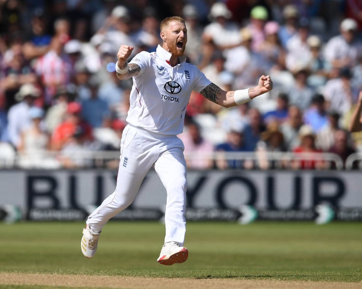 Ben Stokes celebrates dismissing Zak Foulkes during day four of the third Test between England and New Zealand at Trent Bridge