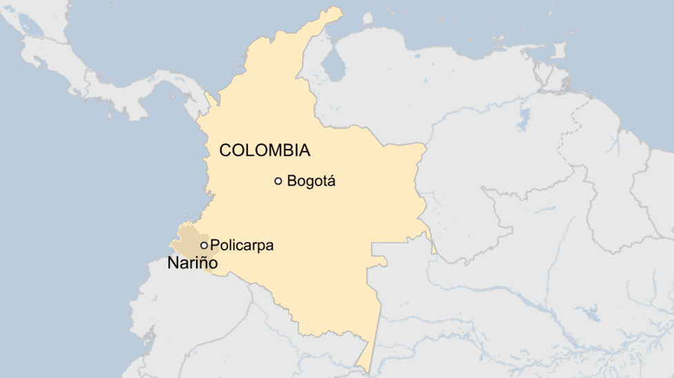 Map showing Colombia with a marker for the capital, Bogota, and the location of the mine, in the south of the country in Nariño province.