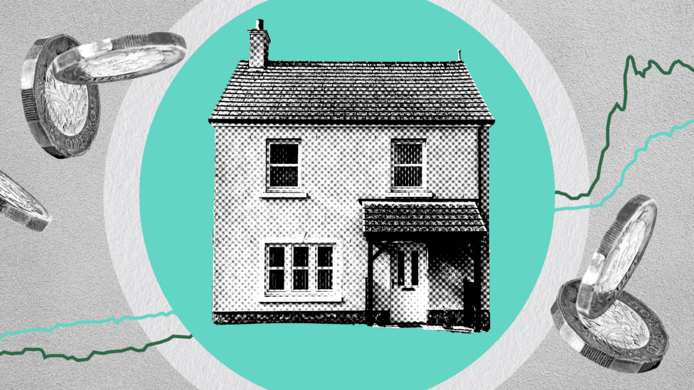 A visualisation of a house, backdropped by a turquoise circle. A line chart runs behind it and it's surrounded by pound coins.