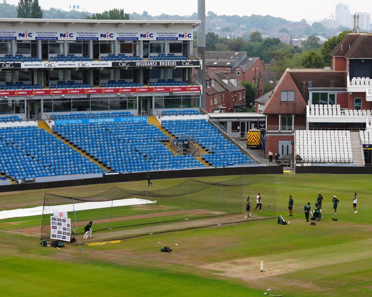 The Pakistan team net on the field at Headingley.