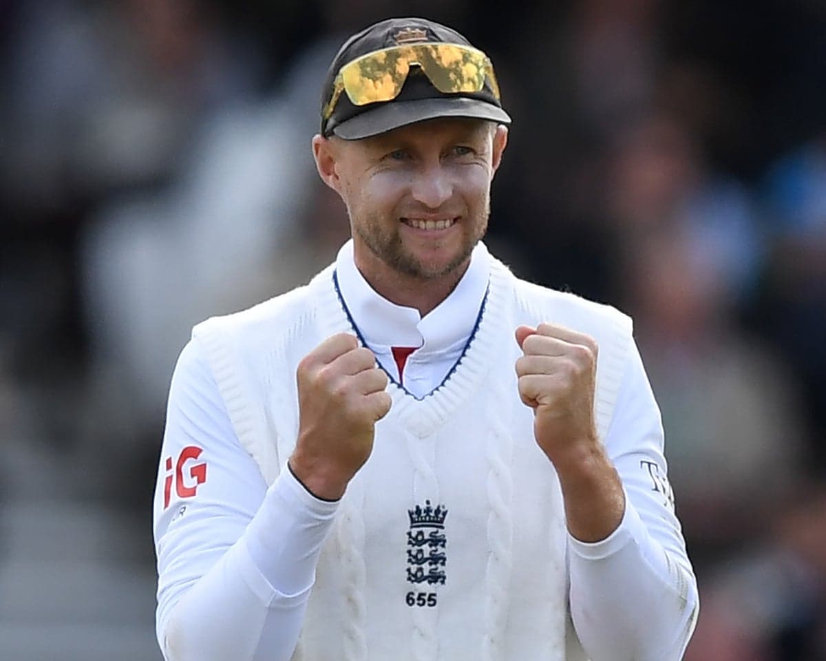 Joe Root shows his delight as England seal their innings victory on day three