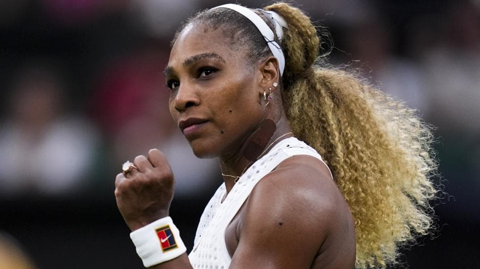 Serena Williams celebrates a point in her Wimbledon singles match against Maya Joint