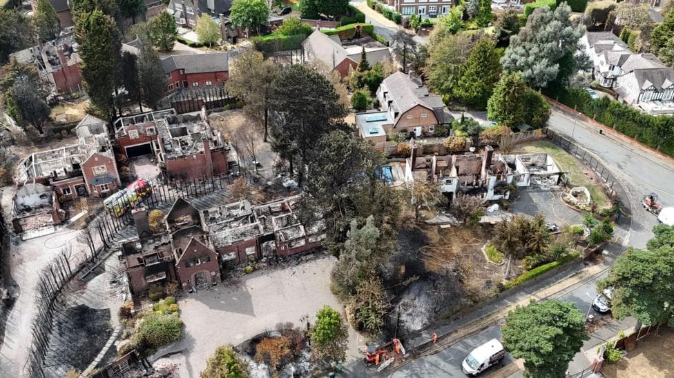 An aerial image taken with a drone of fire damaged properties in Stourbridge, showing burned out homes.