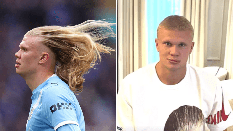 Composite of Erling Haaland with long hair next to a more recent image of his shorter buzz cut haircut