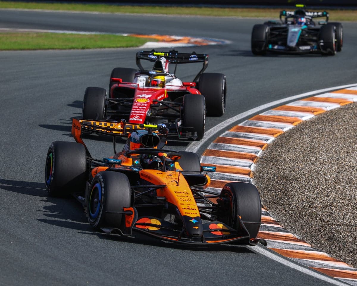 Lando Norris leads Lewis Hamilton and Kimi Antonelli on track