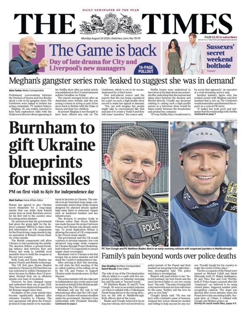 The headline on the front page of the Times reads: “Burnham to gift Ukraine blueprints for missiles”.