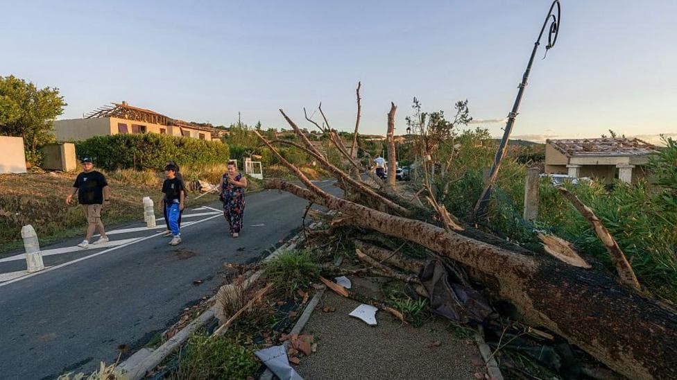 Pedestrians walk past a toppled tree after a tornado struck Pomas, southwestern France on August 24, 2026.