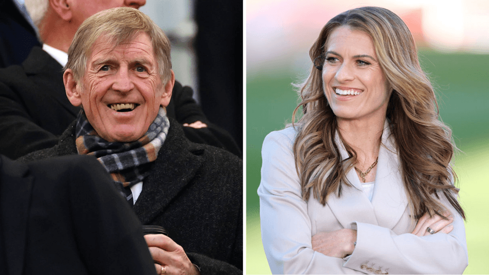 Split image of a smiling Kenny Dalglish (left), wearing a dark coat and patterned scarf, and Karen Carney (right), wearing a grey blazer with long brown hair worn down and arms folded