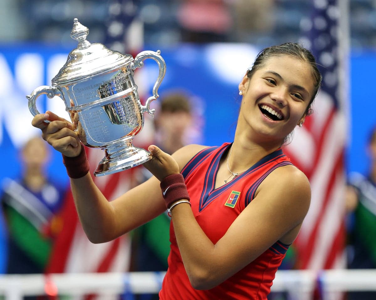 Emma Raducanu celebrates after winning the US Open back in 2021.