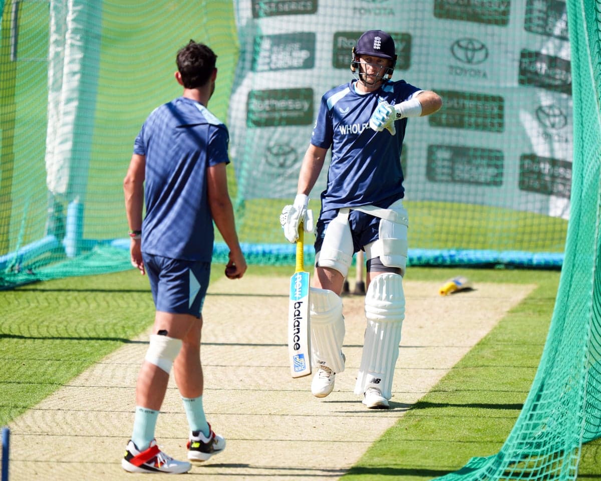 England’s Joe Root and Josh Tongue during a net session at Lord’s before the second Test against Pakistan.
