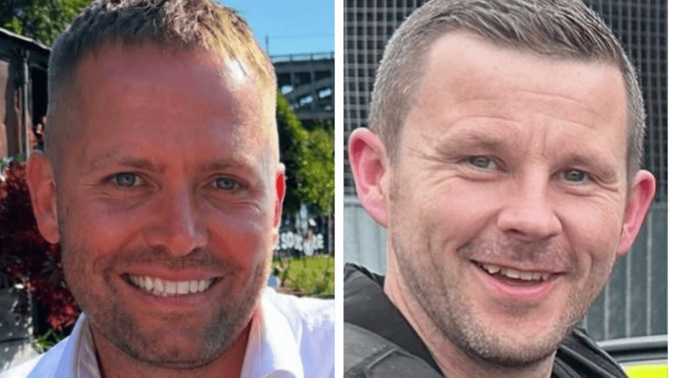 Pictures of the two officers. Both are smiling. PC Blades, left, has stubble and short fair hair. PC Clough also has stubble and short dark hair.