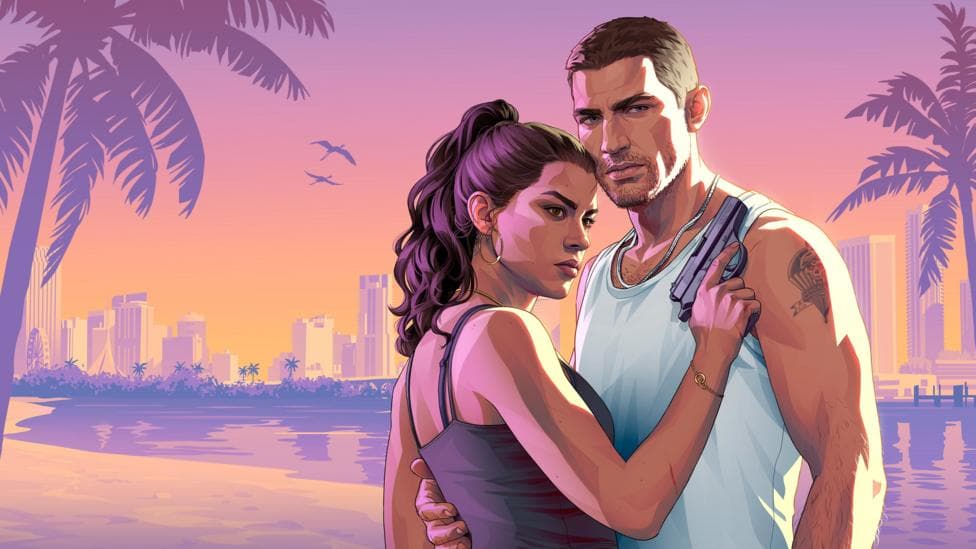 Artwork from GTA 6 shows protagonists Jason and Lucia standing in front of a Miami-inspired skyline at sunset. The pair embrace while looking suspiciously at something or someone out of shot. Lucia rests one hand, holding a pistol, on Jason's chest.