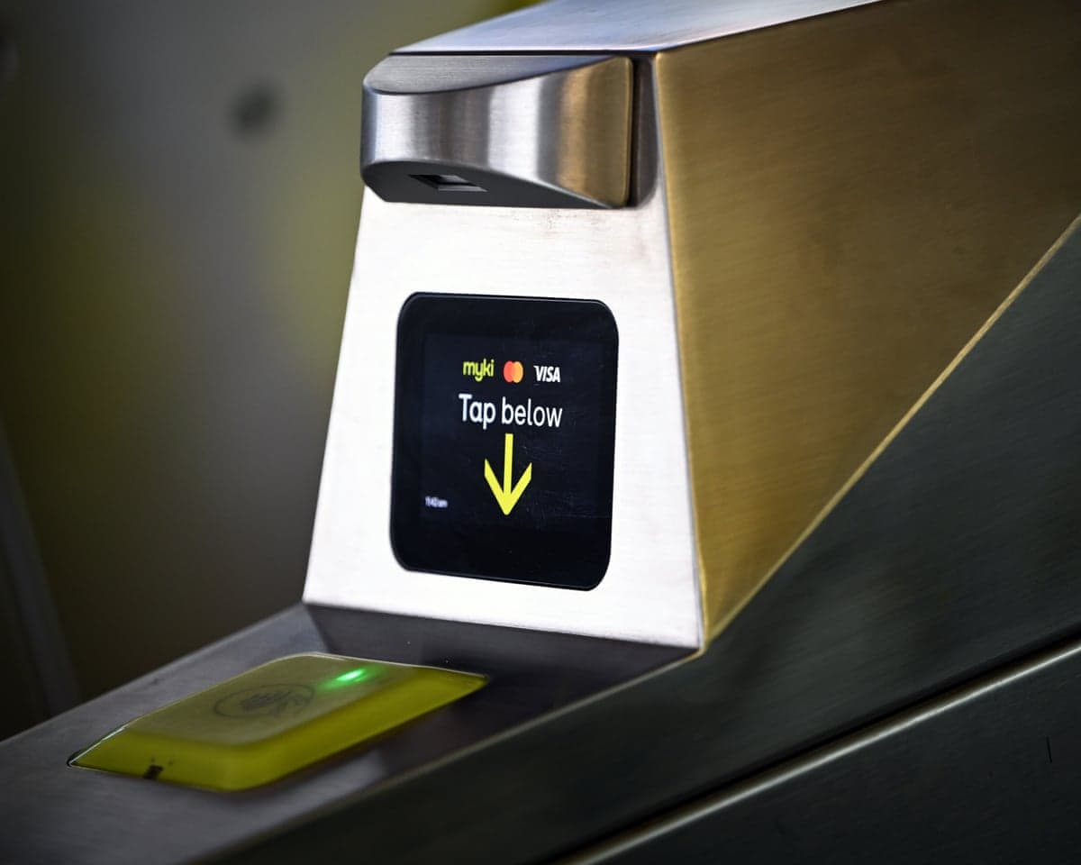 A gate featuring tap and go technology to pay a public transport fare at North Melbourne Station
