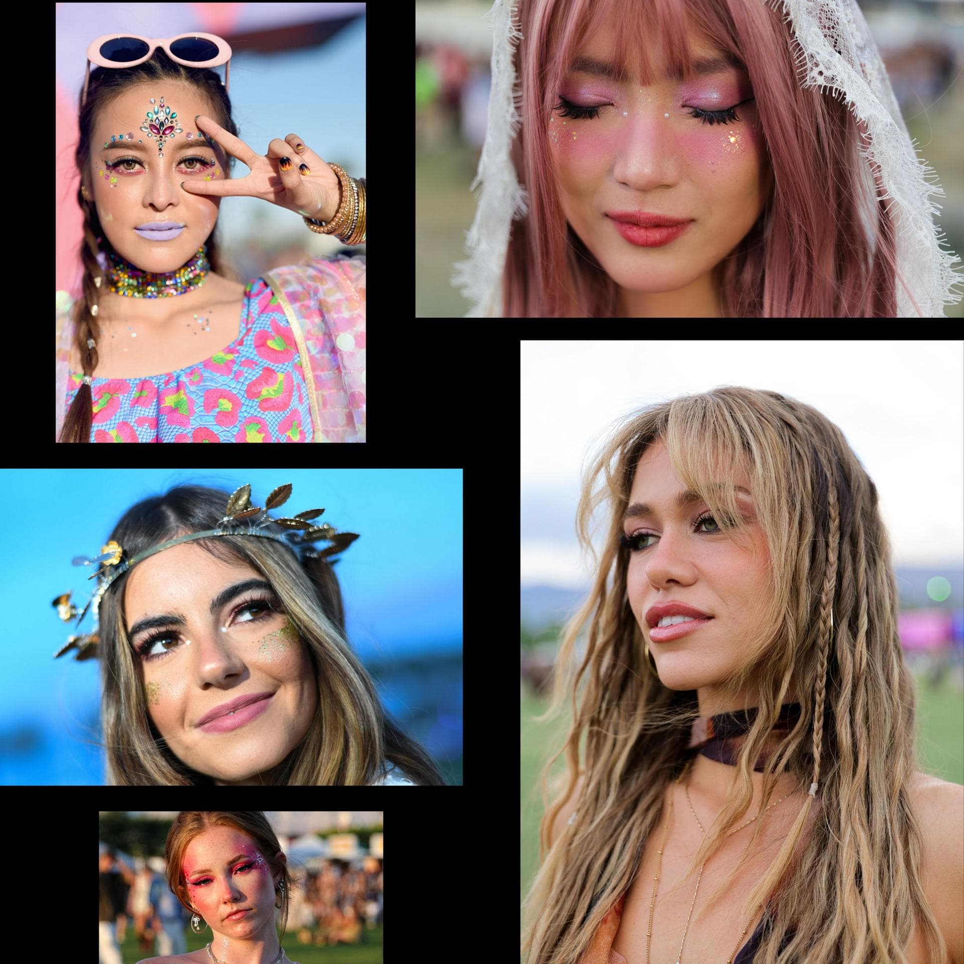 Festival-goers with glitter and neon make-up and hair