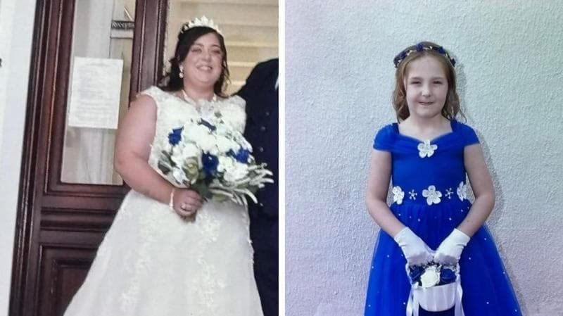 A composite image of Natalie McDonald and Valentina Foster. McDonald is wearing a white wedding dress with a tiara perched on her head. She has long dark hair and is holding a bouquet of white roses with four blue ones dotted within it. Valentina wears an electric blue dress with white flowers on the neckline and waist. She has long light brown hair with a blue and white headband. She is holding a small white basket with white and blue roses and she wears white gloves.