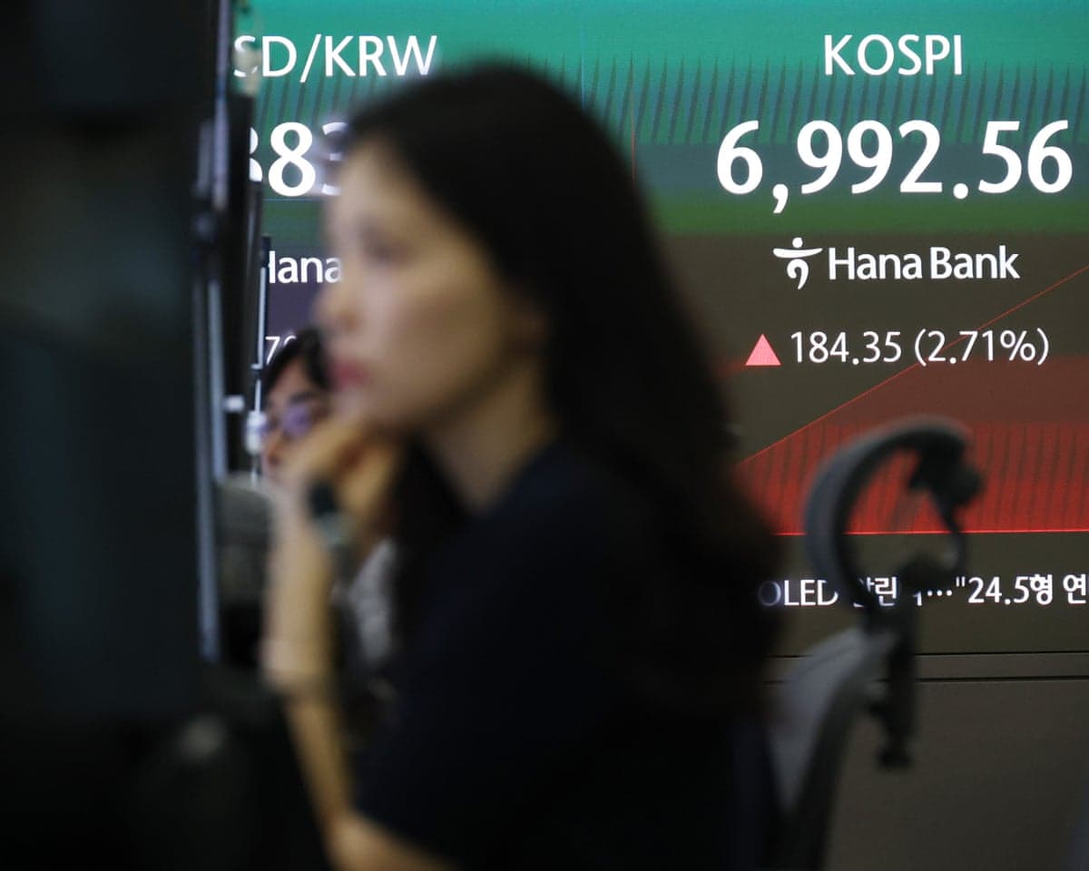 A financial data screen in the dealing room of Hana Bank is seen in Seoul, South Korea, 27 August.