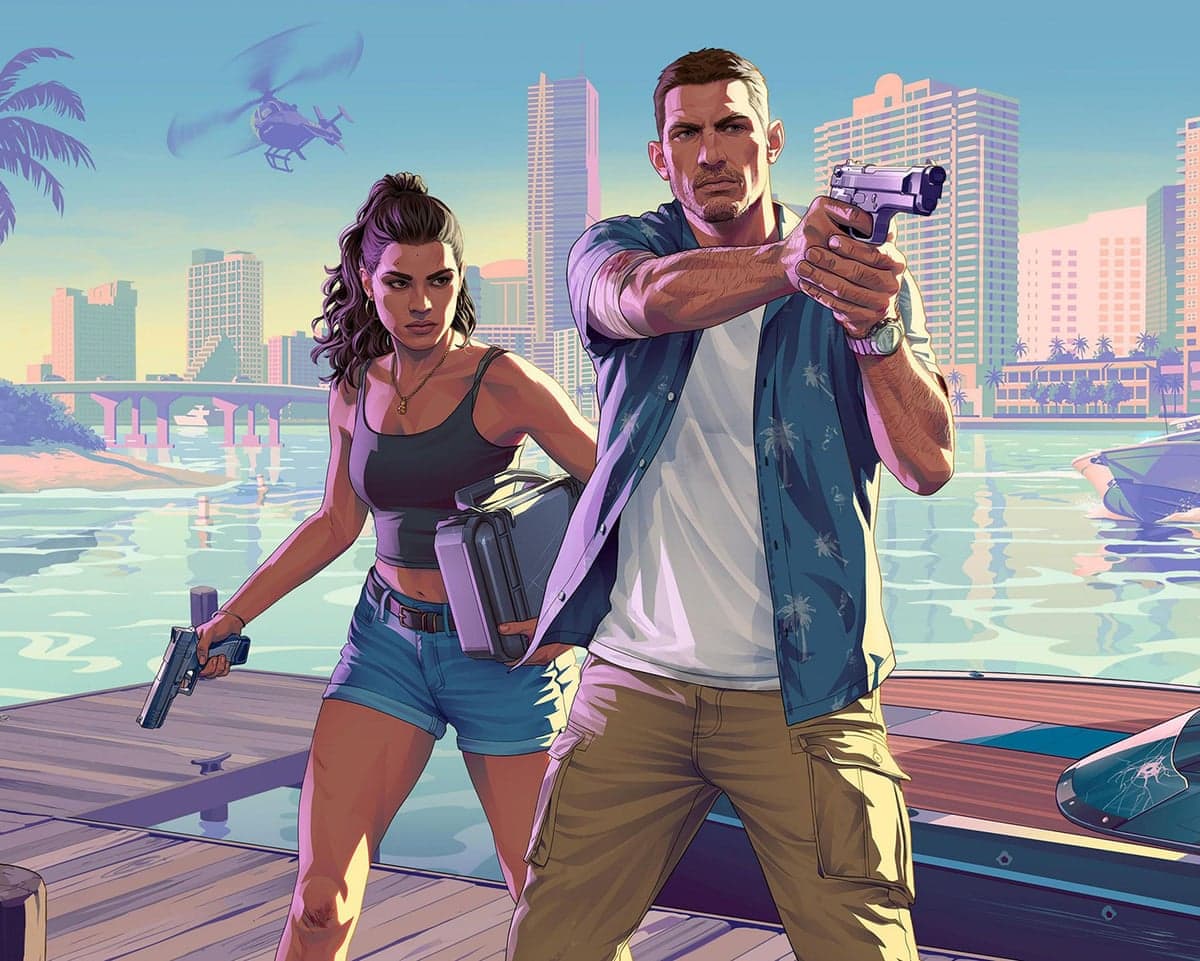Grand Theft Auto 6’s star-crossed lovers Jason and Lucia, in front of the Vice City skyline