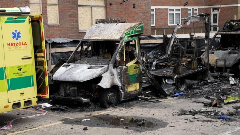 A burnt-out ambulance