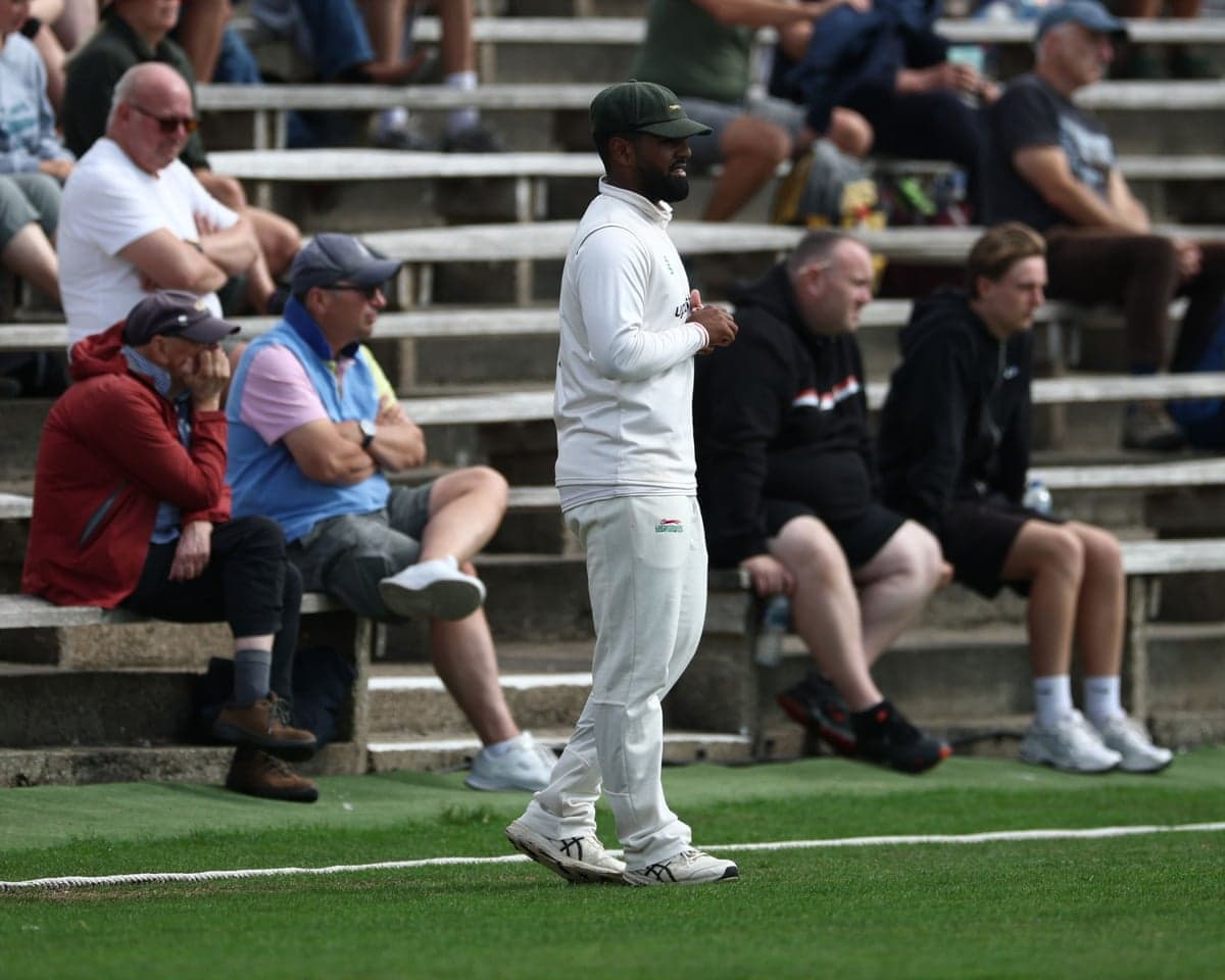 Leicestershire's Rehan Ahmed on the boundary at Scarborough.