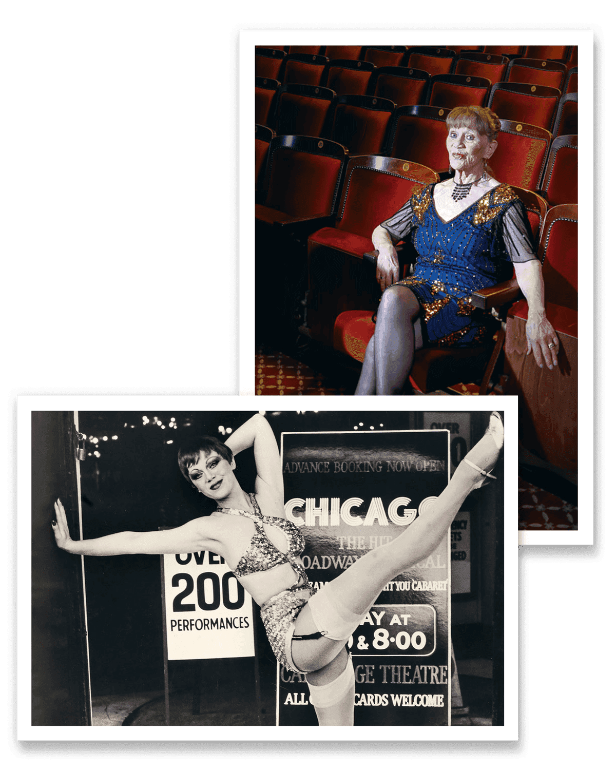 Composite of images of actor Jacquie Toye now and in the UK’s first production of Chicago