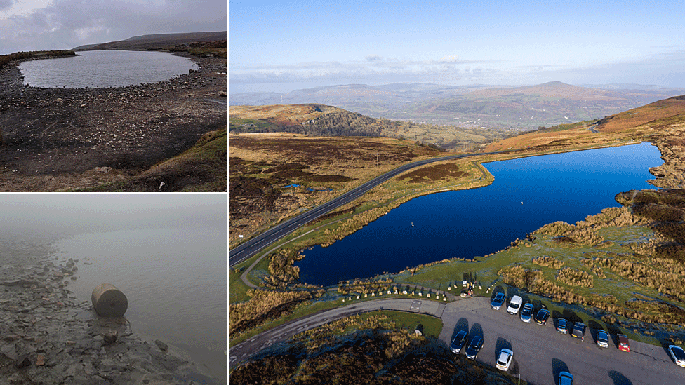 Aerial view of the pond and other waters showing reduced water levels.