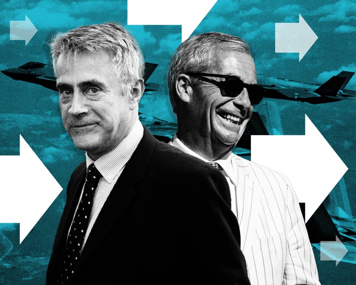An illustration of Christopher Harborne and Nigel Farage in front of US Air Force F-22 fighter jets