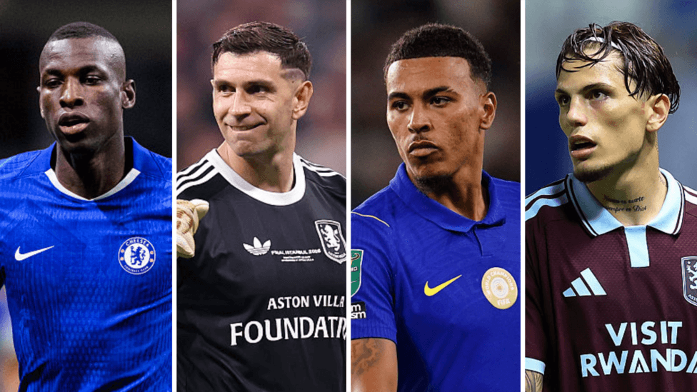Composite image showing Nicolas Jackson and Morgan Rogers in Chelsea shirts alongside Emiliano Martinez and Alejandro Garnacho in Aston Villa shirts