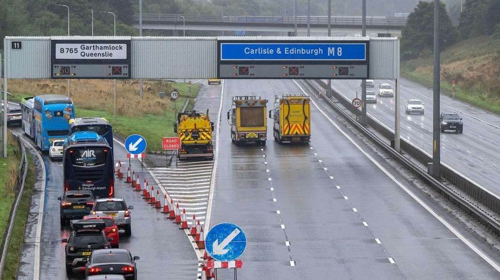 Traffic queues to get off the M8 motorway in Glasgow, with the carriageway empty.