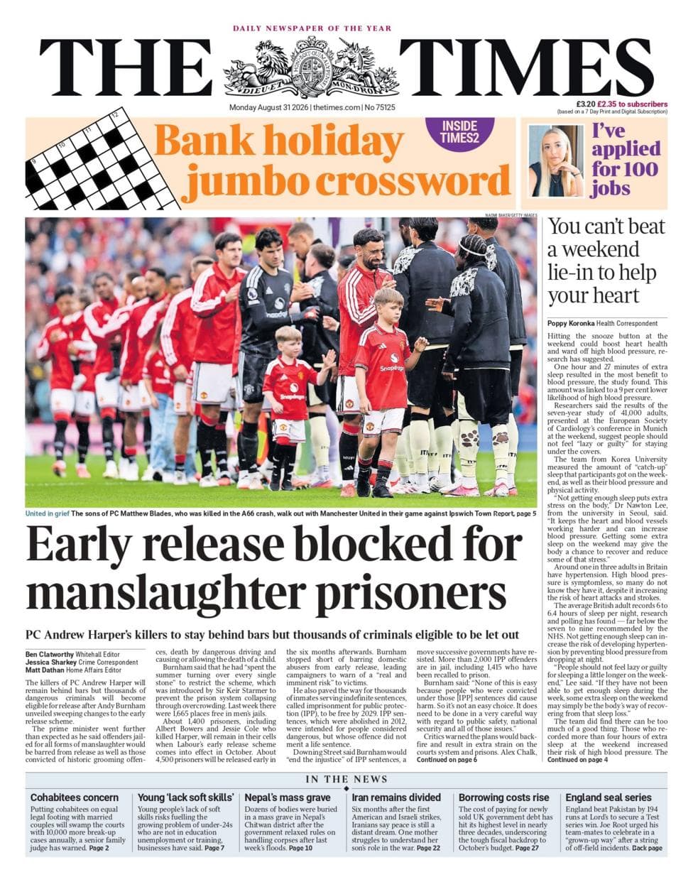 The headline on the front page of the Times reads: "Early release blocked for manslaughter prisoners".