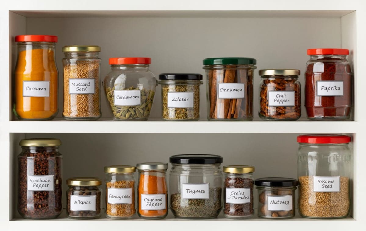 Labeled glass jars filled with various spices and herbs line two kitchen shelves