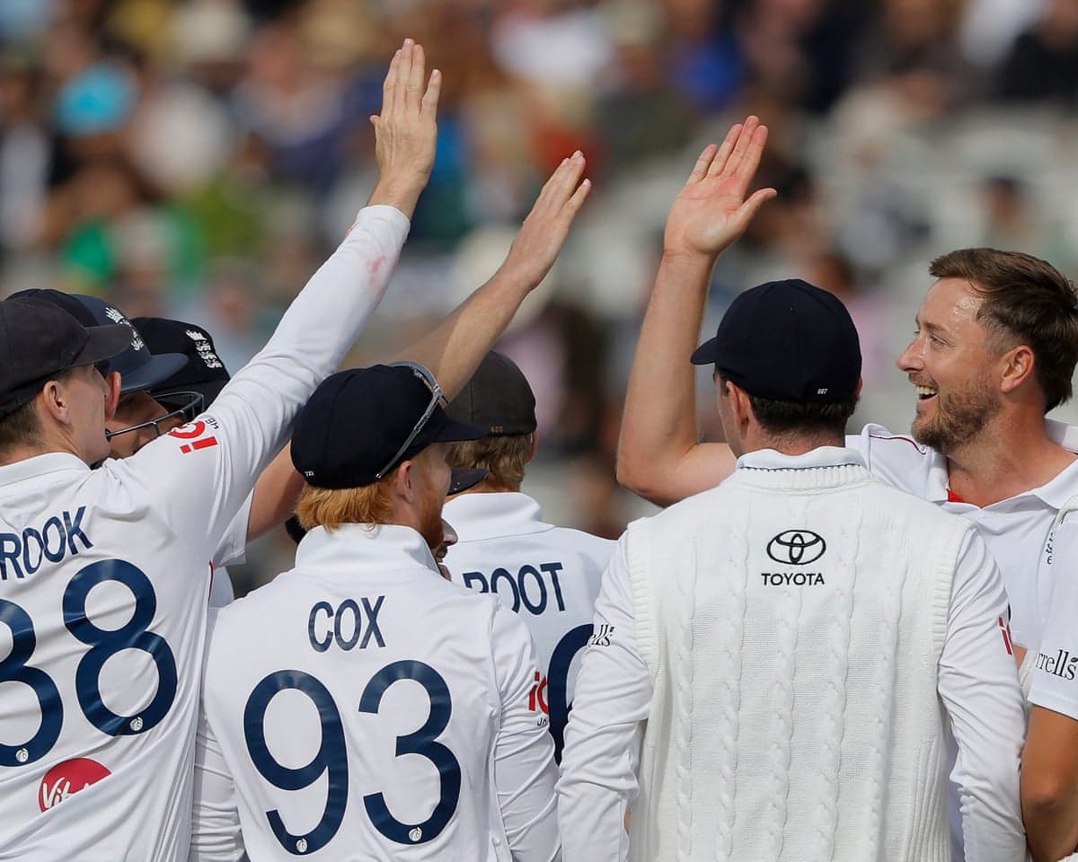 Ollie Robinson is congratulated after trapping Mohammad Rizwan lbw as England charged towards victory in the second Test at Lord’s.