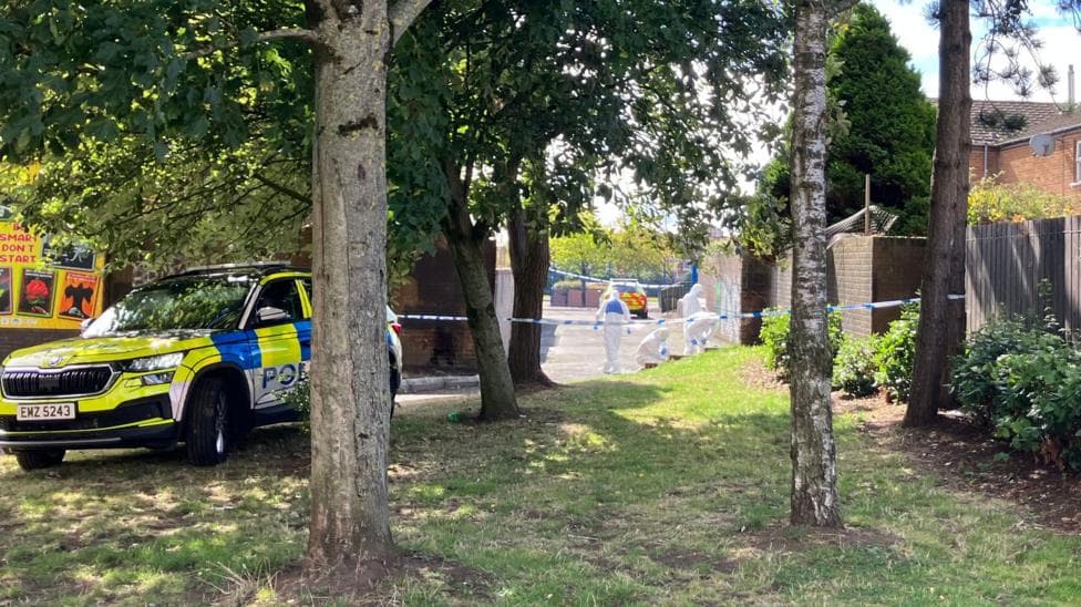 A police car on a patch of grass with trees. Police lines and people in forensics are in the background.