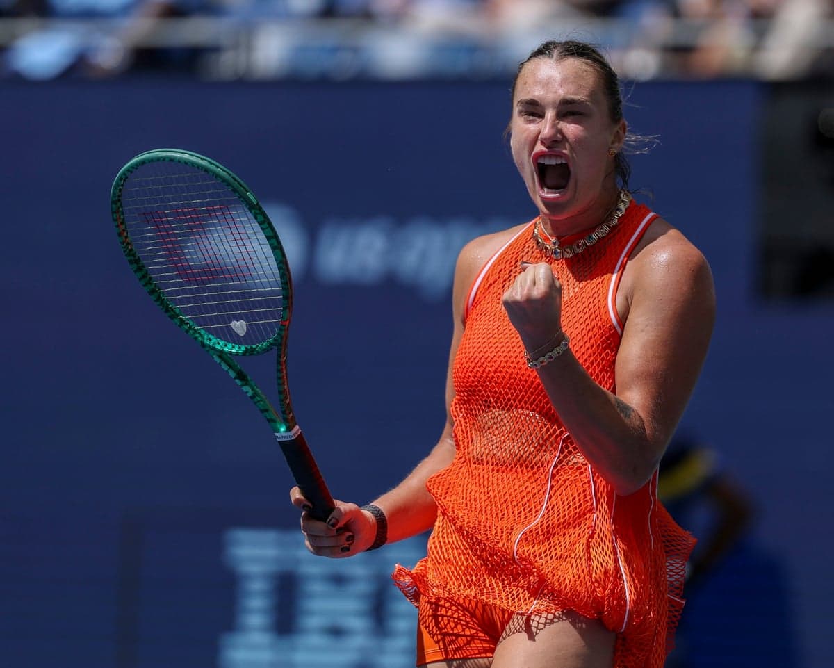 Aryna Sabalenka celebrates a point against Camila Osorio.