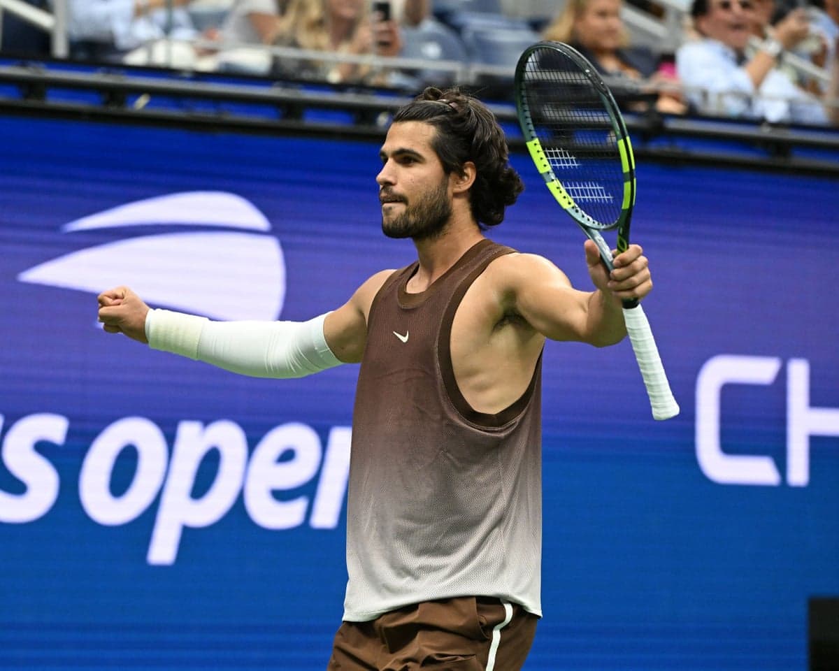 Carlos Alcaraz in action during his first-round match at the US Open