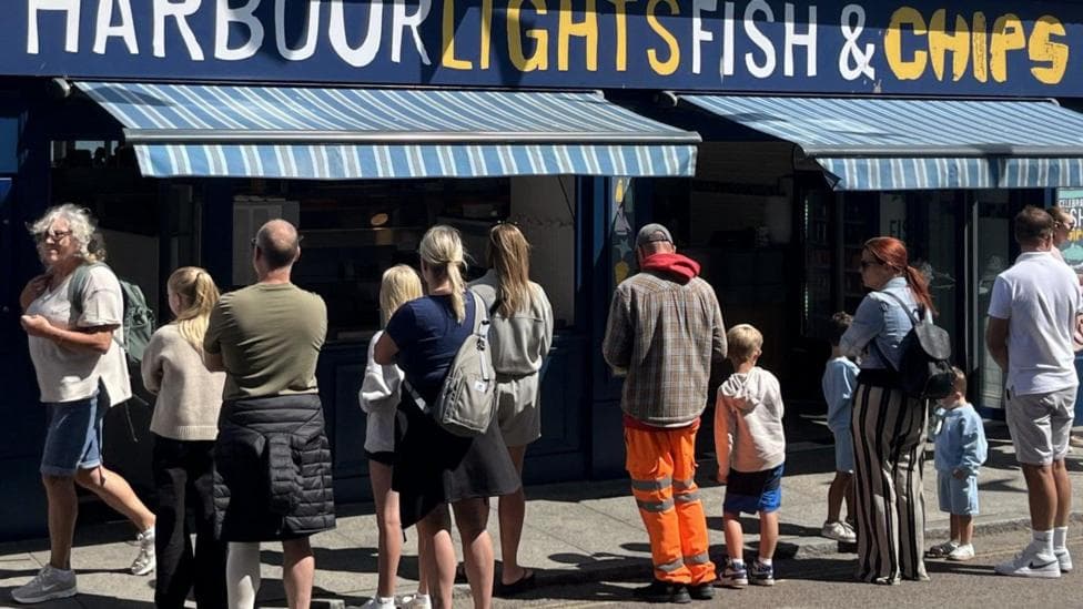A row of people of all ages are standing in front of a takeaway fish and chip shop on a pavement in the sun, they have their backs to the camera. The takeaway's name Harbour Lights is written above blue and white awnings in white and yellow lettering.