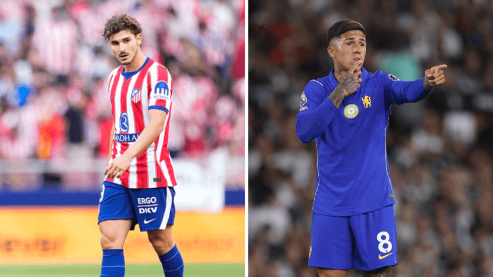 Split screen image of Julian Alvarez in an Atletico Madrid kit and Enzo Fernandes in a Chelsea kit