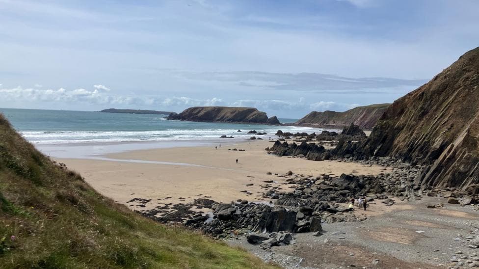 A landscape photograph of Marloes Sands beach, Pembrokeshire.
