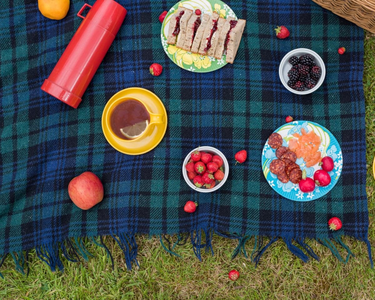 Summer picnic spread on blanket with jam sandwiches, fruit and tea.