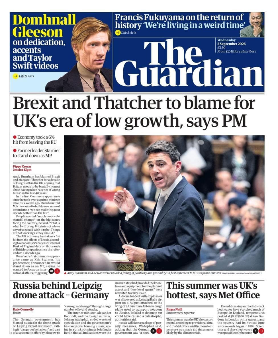 "Brexit and Thatcher to blame for UK's era of low growth, says PM," reads the headline on the front page of the Guardian.