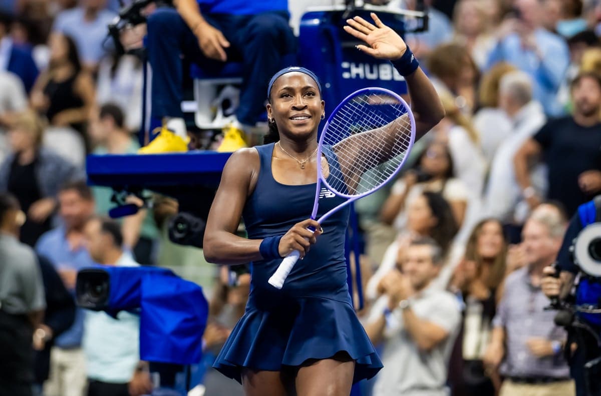 Coco Gauff celebrates after defeating Zeynep Sonmez in their first-round match at the US Open on Tuesday.