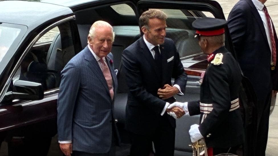King Charles and President Macron arriving at the British Museum