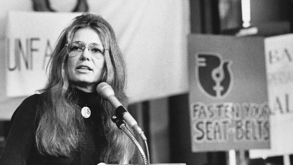 American feminist and activist Gloria Steinem speaks at a rally outside the United Nations in New York in 1978.