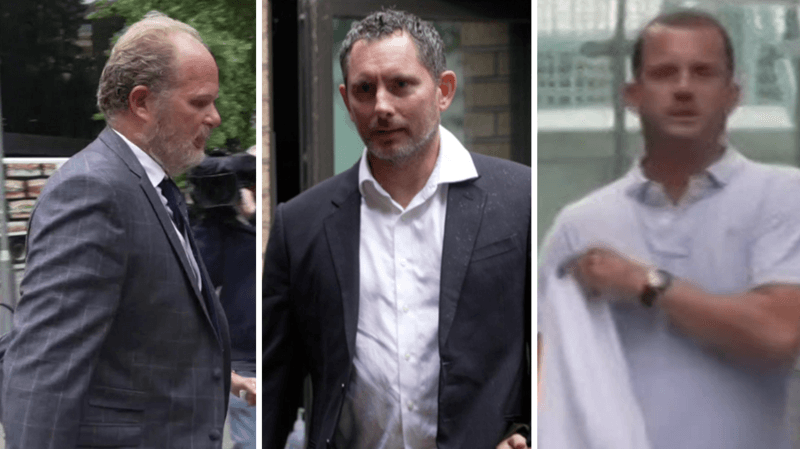 A composite image of Matthew Pickard (left), Stephen Greenaway and Paul Laver (right) outside the court