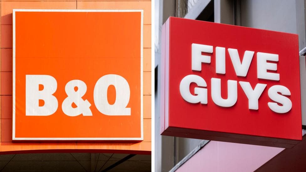A composite image of B&Q signage on the left and Five Guys signage on the right.