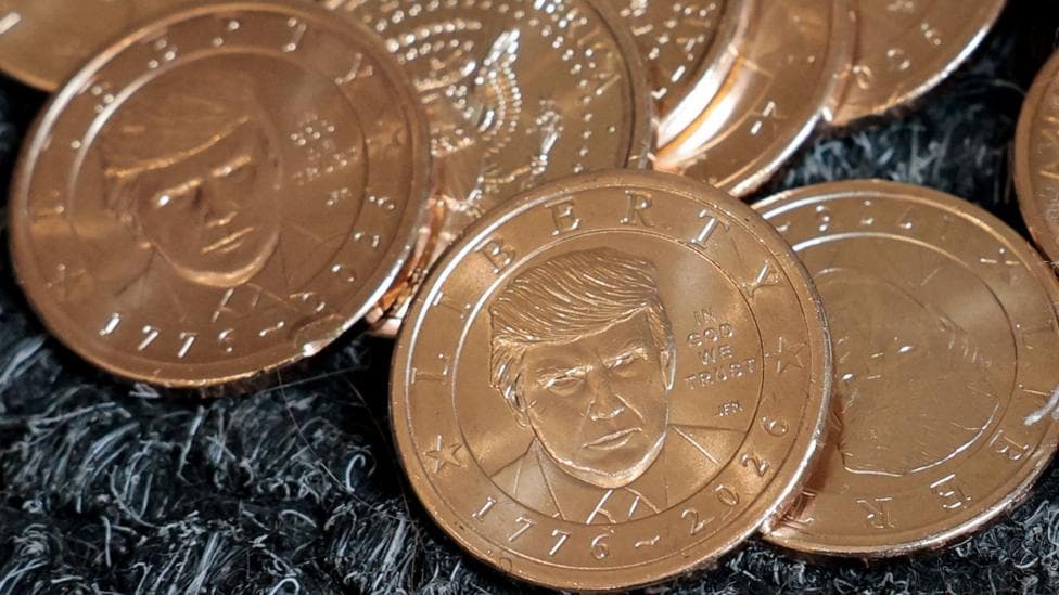 US President Donald Trump's portrait on $1 coins, in honor of the nation's 250th anniversary of independence, on the day the coin is released for sale.