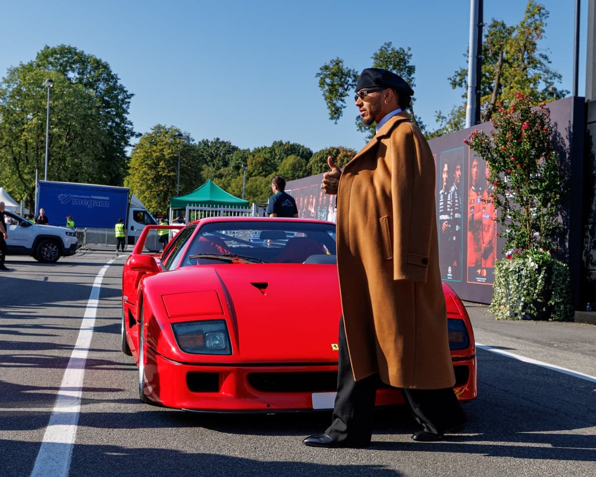 Lewis Hamilton in the paddock at Monza with his Ferrari F40.