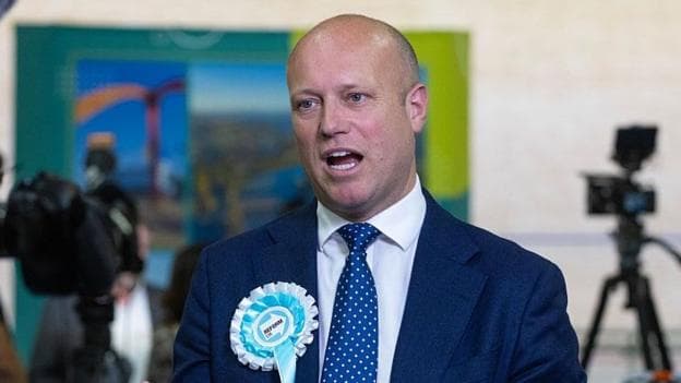 Dan Thomas, leader of Reform in Wales speaks to the media after the Casnewydd Islwyn Senedd constituency vote count, at the Geraint Thomas National Velodrome, Newport.