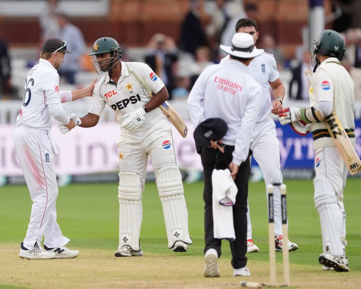 England caption Joe Root (left) shakes hands with Pakistan's Mohammad Ali after England win the series on day four of the second Rothesay Test match at Lord's