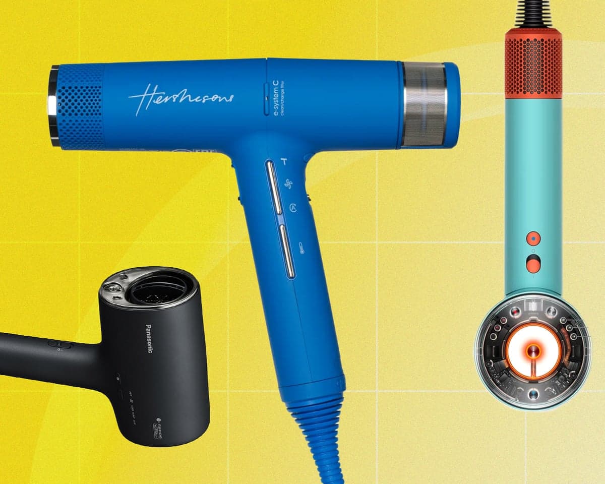 A composite of three hairdryers on a yellow background with a faint white grid detail