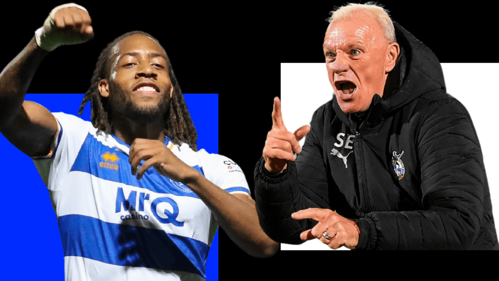 Rumarn Burrell, wearing QPR's blue and white hooped home shirt, celebrates with his hand in the air (left). Steve Evans, wearing a black Bristol Rovers jacket, points his finger and shouts to celebrate (right)